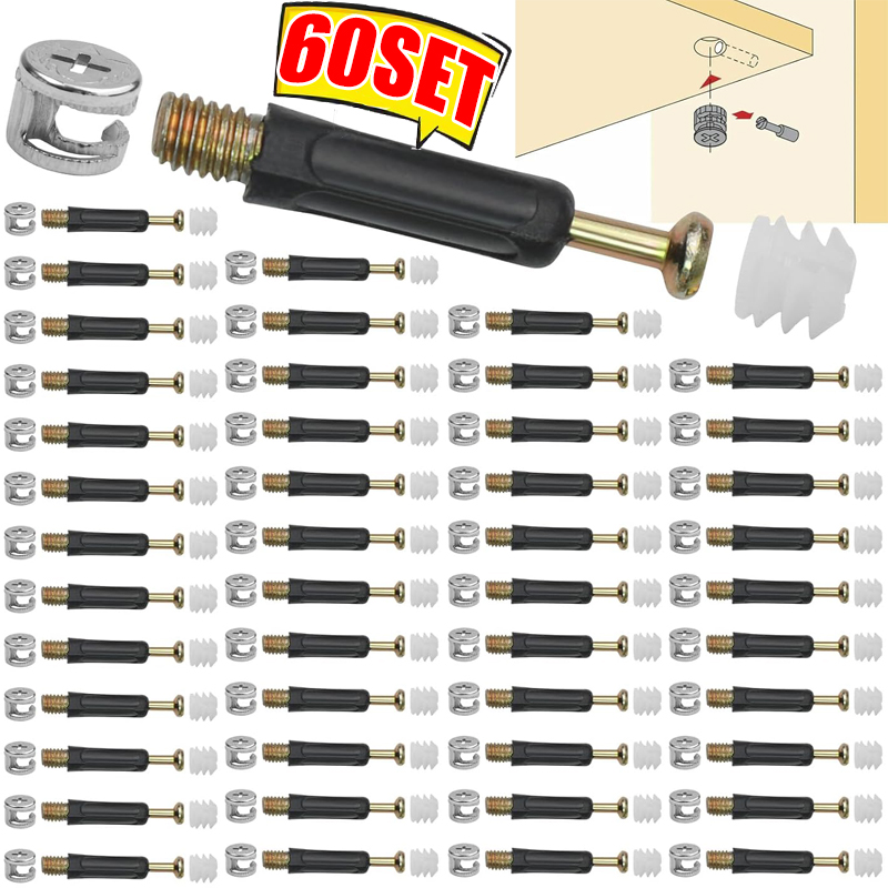 Cam Lock Nut - 3 in 1家具接続ネジ、テーブル側プレインサートカムボルトナット、キャビネット引き出しカムロック金具、ダボファスナー付き