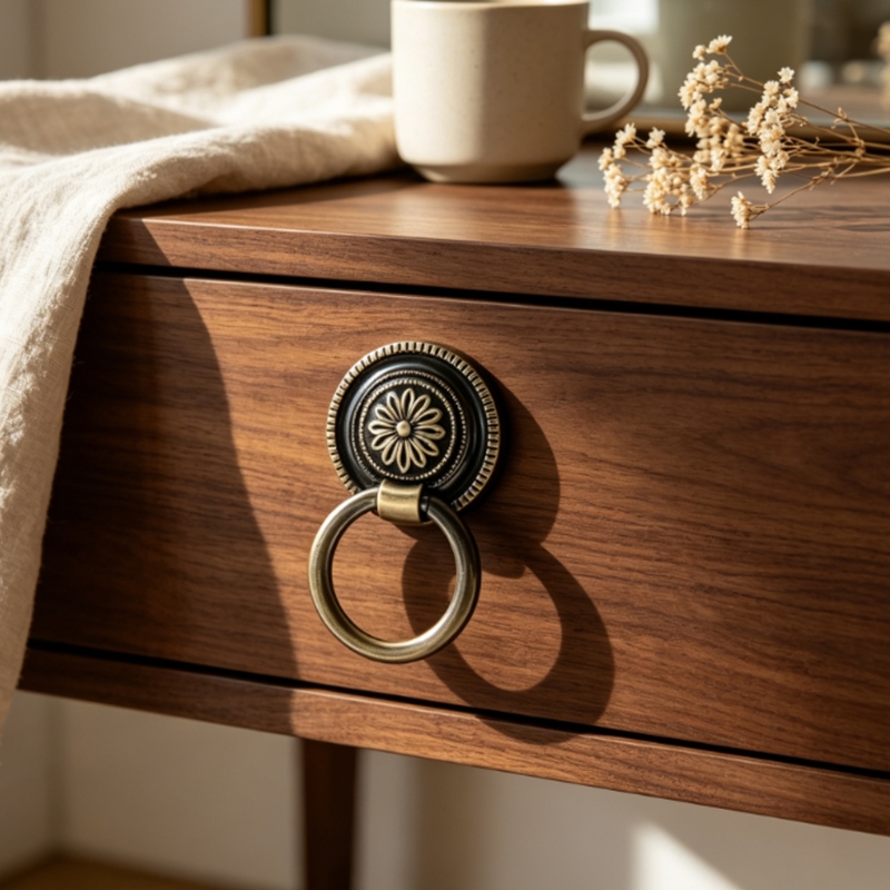 Furniture Hardware With Backplate - アンティークブロンズドロッププル引き出しハードウェアセット6個パック、エンボス加工ラウンドバックプレート、キャビネット用シングルホール家具プルD2RD