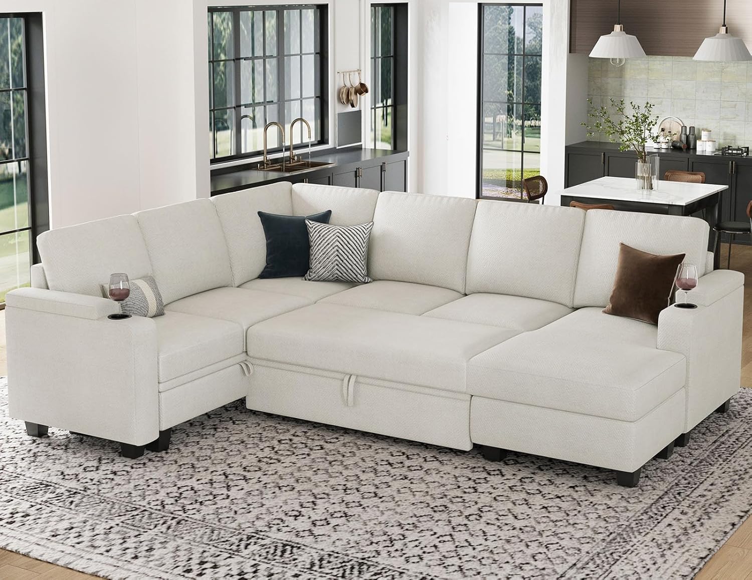 Furniture Hardware Pulls - スリーパーソファ モジュール式セクショナルプルアウトカウチベッド U字型ソファ リビングルーム用収納付きシェーズ付き 白、カスタマイズされた