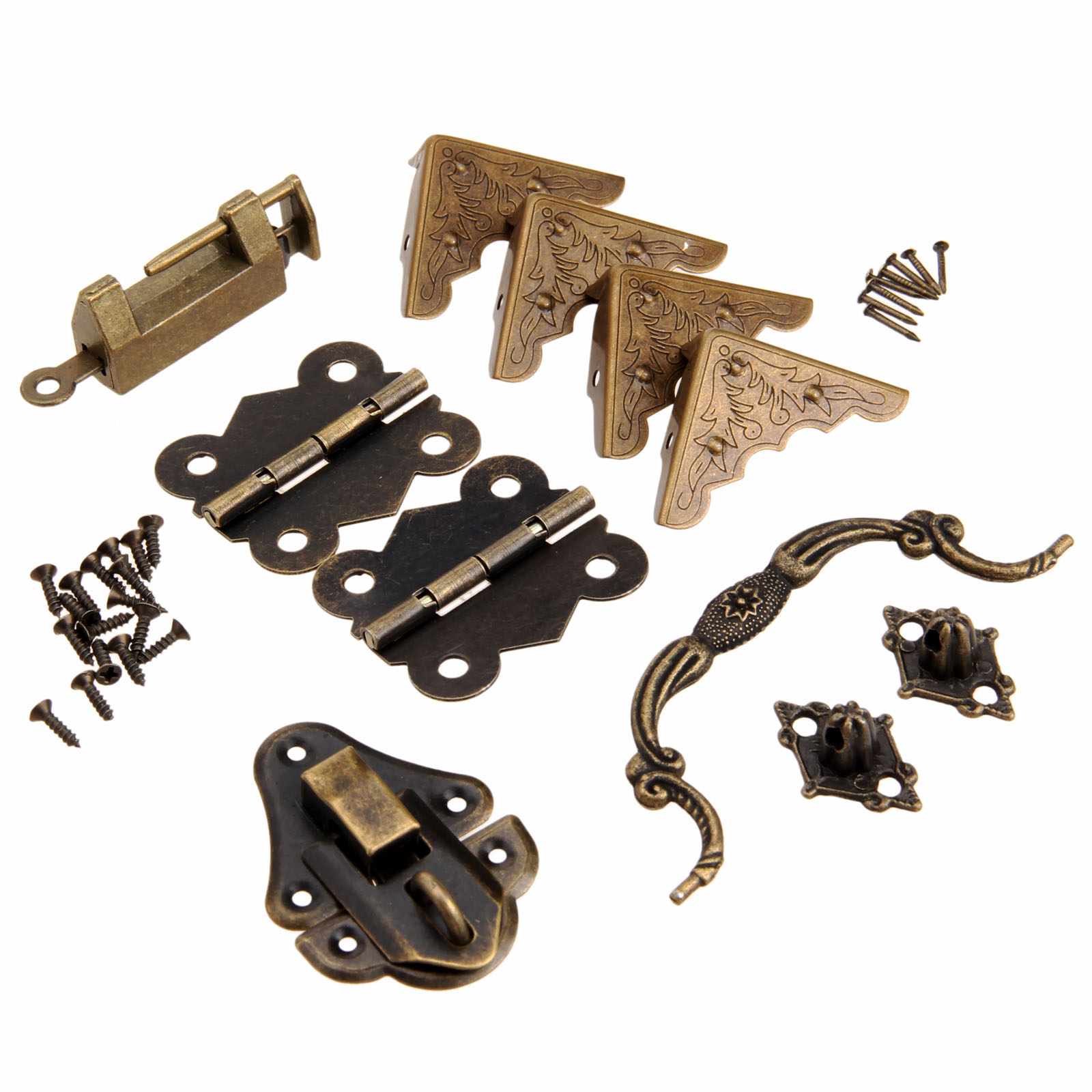 Furniture Hardware Tools - 9ピース/セット家具継手中国真鍮ハードウェアアンティーク木製ボックスラッチマスププルハンドルヒンジコーナープロテクター古いロック